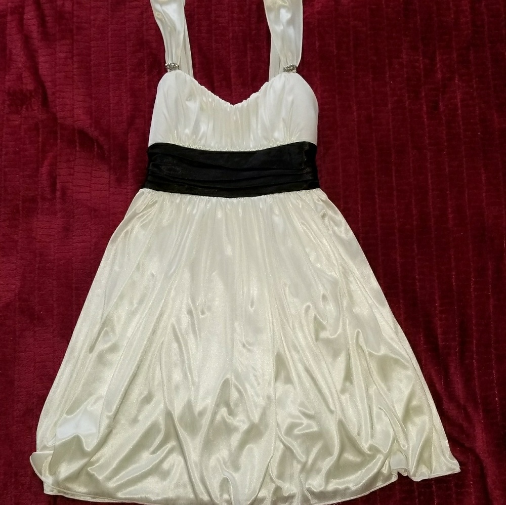 White Dress with Black Ribbon & Rhinestones